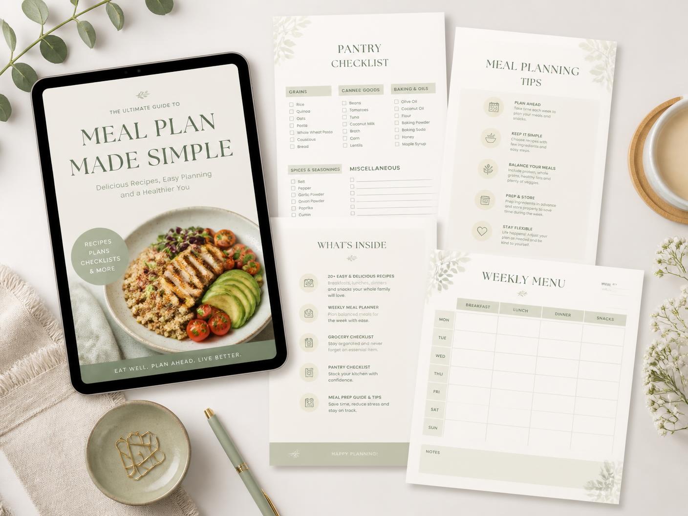 Mockup de la guía digital, planner semanal, checklist y plantillas imprimibles